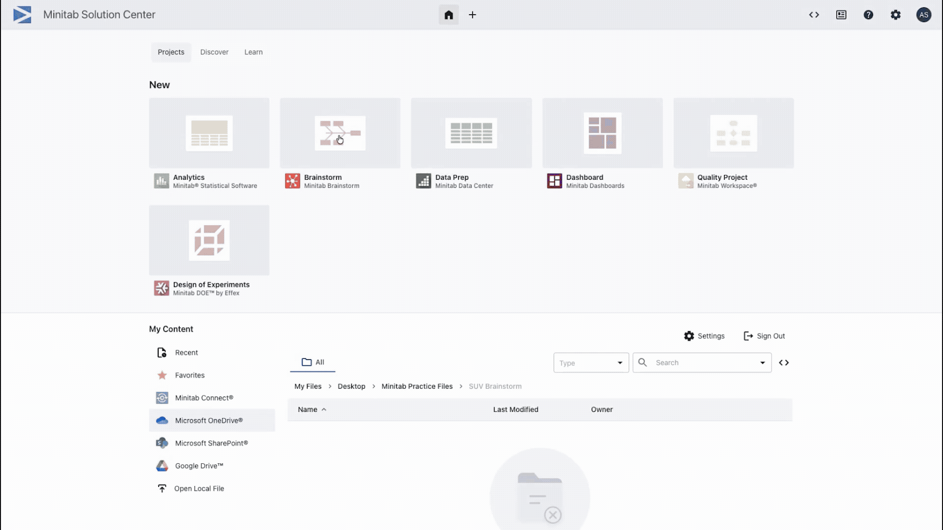 Minitab Solution Center – Brainstorm-Oberfläche